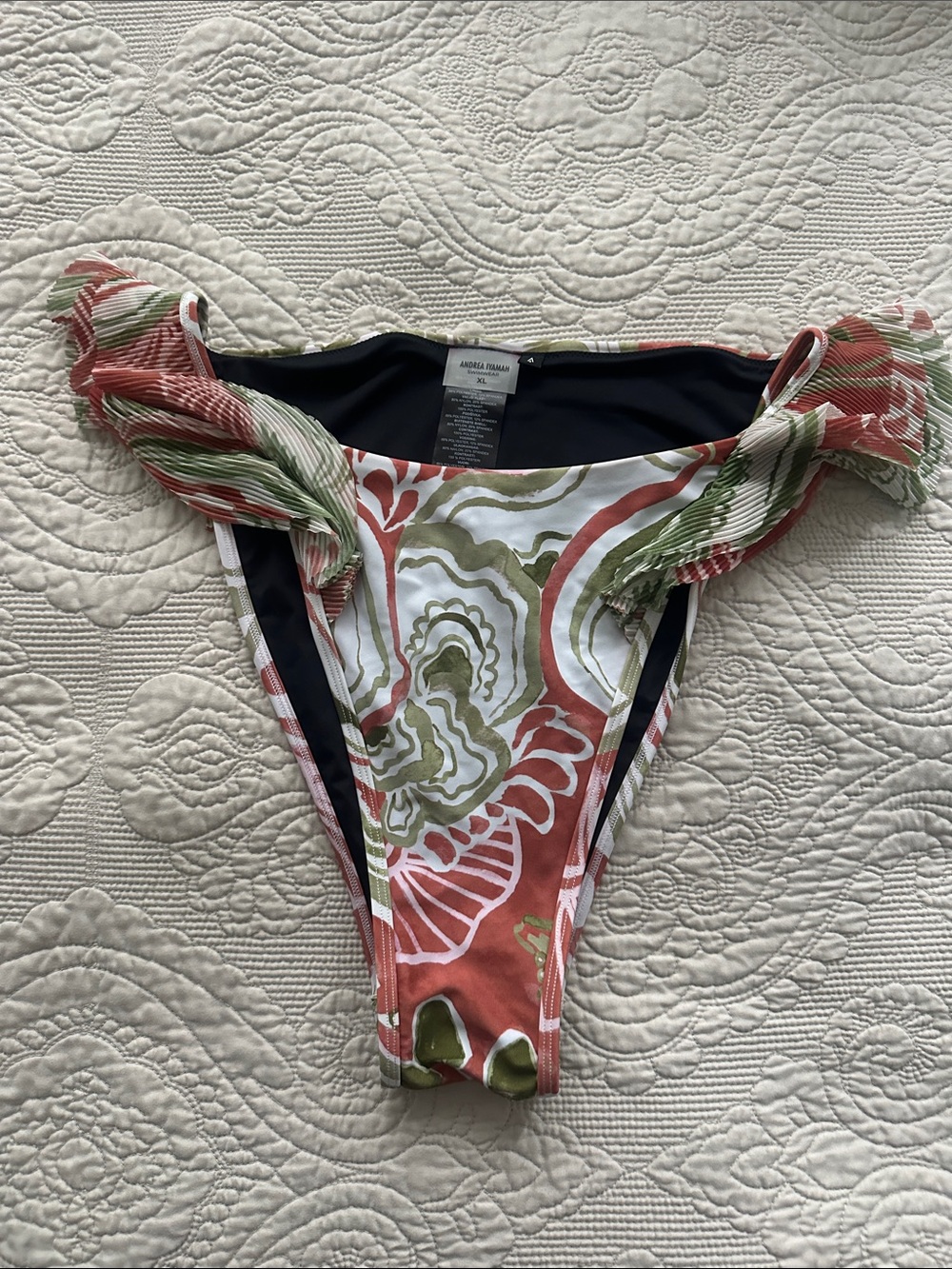 Andrea Iyamah Coral, Olive & White Floral High-Cut Bikini Bottom XL NWOT